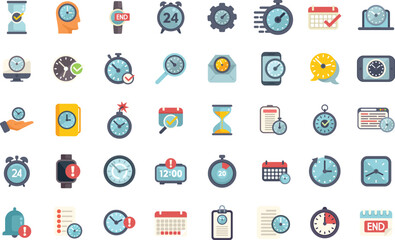 Poster - Set of colorful icons depicting various aspects of time management, emphasizing the importance of deadlines, schedules, and punctuality