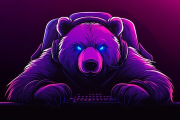 Wall Mural - Cool Gamer Bear with Neon Glow,  Gaming, Esports, and Twitch Stream Design