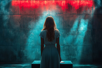 Poster - a woman standing at a minimalist podium, delivering a keynote speech to an unseen audience.