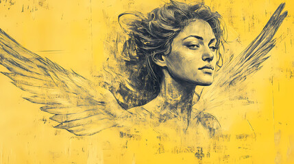 Wall Mural - Culture and religious concept. paper pencil or charcoal sketch of an angel on yellow aged and grunge paper. beautiful woman portrait with wings. generative ai. Charcoal Drawing. Illustration