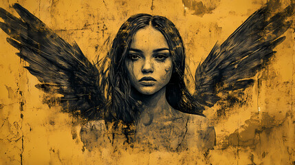 Culture and religious concept. paper pencil or charcoal sketch of an angel on yellow aged and grunge paper. beautiful woman portrait with wings. generative ai. Charcoal Drawing. Illustration