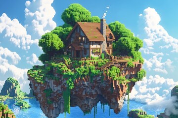 Poster - Floating house in the sky with lush greenery and blue sky. Digital art illustration concept of fantasy and dreams.