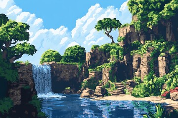 Pixel Art Waterfall Landscape with Tropical Vegetation and Clear Sky