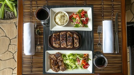 Canvas Print - A table topped with plates of food and a glass of wine