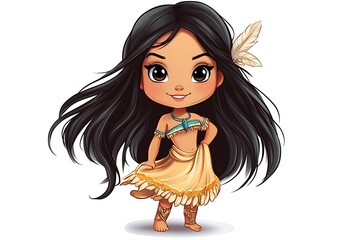 Canvas Print - Cute Cartoon Native American Girl with Long Hair and Feather