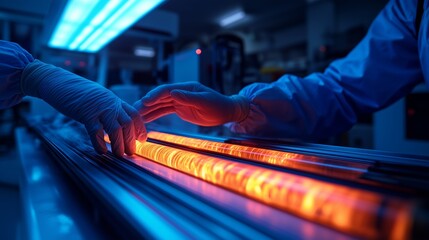 A close-up shot of two gloved hands handling glowing, cylindrical components in a high-tech manufacturing or laboratory environment. 