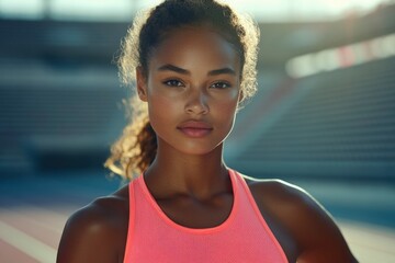 Wall Mural - Portrait of a Young African American Woman in a Pink Sports Tank Top