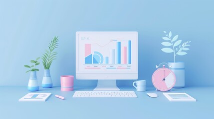 Canvas Print - A serene workspace featuring a pastel computer setup, charts, plants, and office supplies, creating a modern and inviting atmosphere.