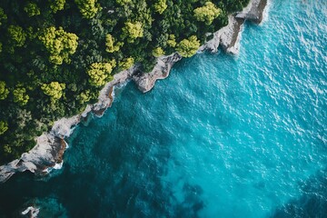 Poster - Aerial view of a beautiful turquoise ocean meeting a lush green forest coastline