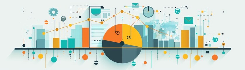 Wall Mural - A vibrant infographic featuring data visualization elements like charts, graphs, and icons representing analytics and statistics.