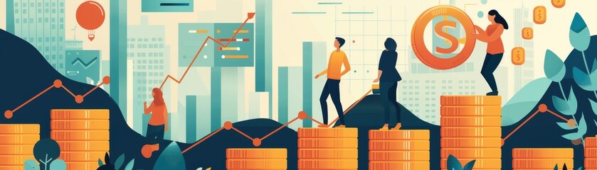 Canvas Print - A vibrant illustration depicting figures ascending bar graphs and charts, symbolizing financial growth and business success in a modern urban environment.