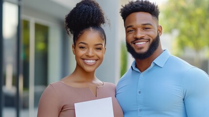 Wall Mural - A man and woman smiling while holding a paper, AI