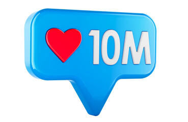 Wall Mural - Ten million likes, social media notification with heart icon, 3D rendering isolated on transparent background