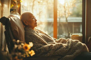 Wall Mural - Elderly Woman Wrapped in a Blanket by a Window