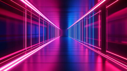 A long, narrow corridor lined with bright neon lights, creating a futuristic and vibrant atmosphere.