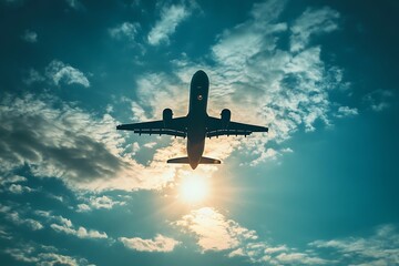 Silhouette of an airplane flying in a bright blue sky with clouds and the sun. Concept of travel, freedom, adventure, and vacation