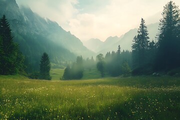 Poster - Green meadow landscape with misty mountains in the background