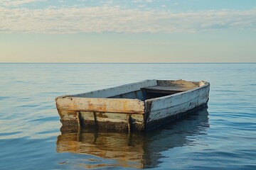 Poster - Lonely Wooden Rowboat Floating in Calm Ocean Water with Clear Blue Sky