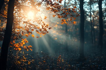 Sticker - Sun rays through fall foliage in a misty forest, nature, woodland, autumn, season change