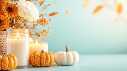 Sticker - Autumn Decor with Pumpkins  Candles  and Flowers on Teal Background