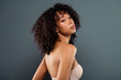 © Beauty Hero - Photo of adorable seductive lady nude shoulders enjoying herself isolated grey color background