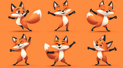 Six cute cartoon foxes with different poses against an orange background.