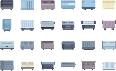 Poster - Collection of different heaters for heating home providing warmth in cold season, isolated on white background