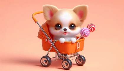  Lustiger  Chihuahua in einem Kinderwagen
