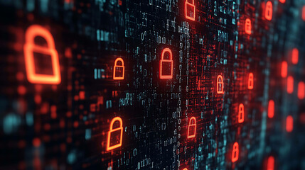 A digital background with glowing red padlock icons and blue and red binary code.