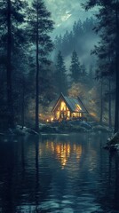 Canvas Print - Enchanted Cabin in the Forest by the Lake