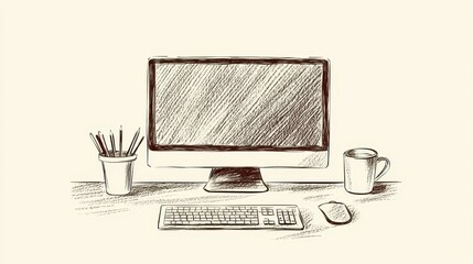 Wall Mural - Hand Drawn Sketch of a Computer Desktop with Pencil Holder  Keyboard  Mouse  and Coffee Cup