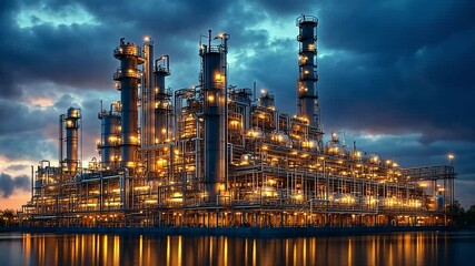Poster - Industrial facility illuminated at dusk by a shimmering skyline and dramatic clouds