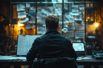 Poster - a man reviewing financial documents at a large, minimalist desk, with only a tablet and a pen beside