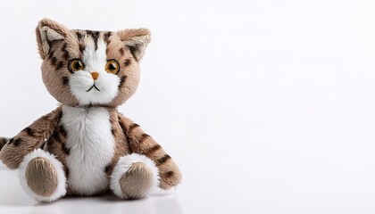 Stuffed animal of a cat or kitten.  cute, adorable, plush, soft, companion friend and night time sleep toy for young boy and girl children.  Isolated on white background with copy space