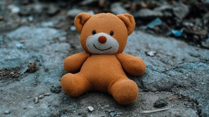 Canvas Print - A teddy bear sitting on the ground with a smile, AI