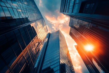 Sticker - Upward view of skyscrapers with sunset sky in the background.