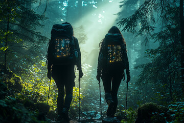 Sticker - A couple hiking through a dense forest, with sunlight filtering through the trees above.