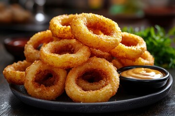 Wall Mural - Crispy Fried Onion Rings with Creamy Dipping Sauce