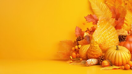 Sticker - Autumn Thanksgiving Background with Pumpkins  Leaves  and Pine Cones