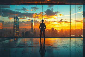 Poster - a ceo standing in front of a large window in a minimalist office, looking out at the city skyline wi