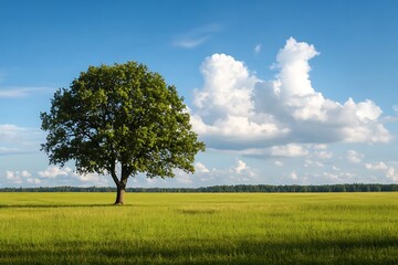 Sticker - Single tree in green field under blue sky with white clouds