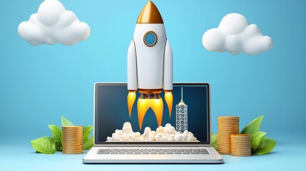 Wall Mural - Startup Business Growth  Rocket Launching from Laptop  Success  Financial Success  Goal  Money