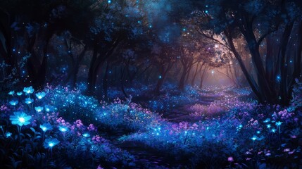 Wall Mural - enchanted forest pathway with glowing flowers