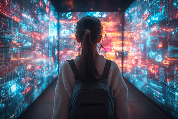 Poster - a user customizing their virtual avatar in a metaverse dressing room, surrounded by a wide array of 