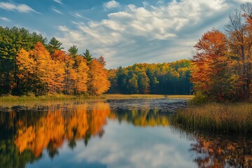 Poster - Autumn reflection in calm lake surrounded by vibrant fall foliage trees.