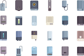 Wall Mural - Large set of power bank icons in a variety of colors and styles, showing different battery levels