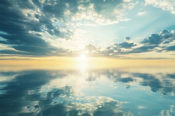 Canvas Print - Peaceful Sunrise Over Calm Ocean with Golden Sky and Clouds Reflecting in Water