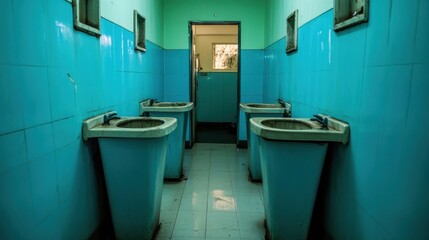 Canvas Print - A bathroom with blue walls and sinks in a long hallway, AI