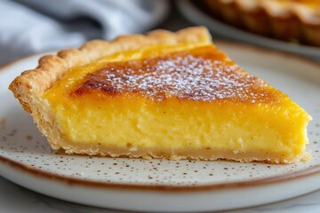 Wall Mural - A Slice of Lemon Tart with Powdered Sugar on a Speckled Plate