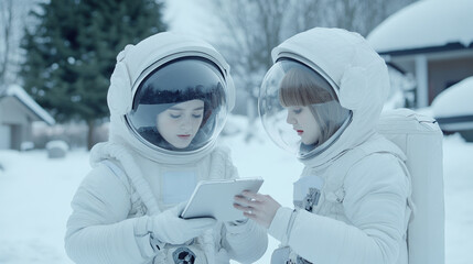 Canvas Print - Two young girls in white spacesuits looking at a tablet, AI